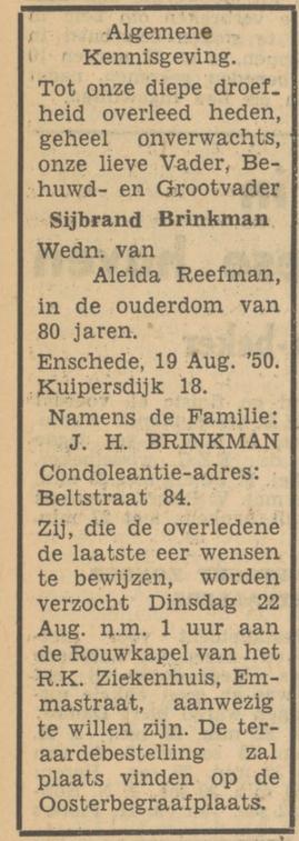 Kuipersdijk 18 S.Brinkman overlijdensadvertentie Tubantia 21-8-1950.jpg