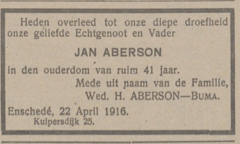 Kuipersdijk 25 Wed. H. Aberson-Buma advertentie De Vrije Socialist 29-4-1916.jpg