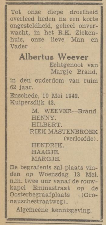 Kuipersdijk 43 Albertus Weever overlijdensadvertentie Tubantia 8-5-1942.jpg