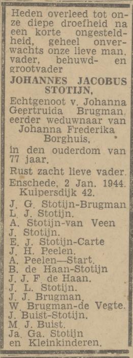Kuipersdijk 42 J.J. Stotijn overlijdensadvertentie Tubantia 3-1-1944.jpg