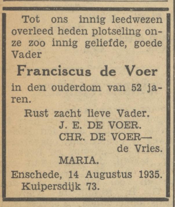 Kuipersdijk 73 F. de Voer overlijdensadvertentie Tubantia 16-8-1935.jpg