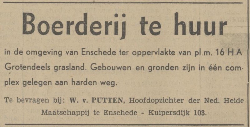 Kuipersdijk 103 W. van Putten Hoofdopzichter Nederlandse Heide Maatschappij advertentie Tubantia 3-9-1941.jpg
