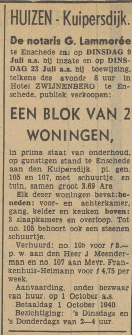 Kuipersdijk 105-107 J.Meenderman en Mevr. Frankenhuis-Heimann advertentie Tubantia 6-7-1940.jpg