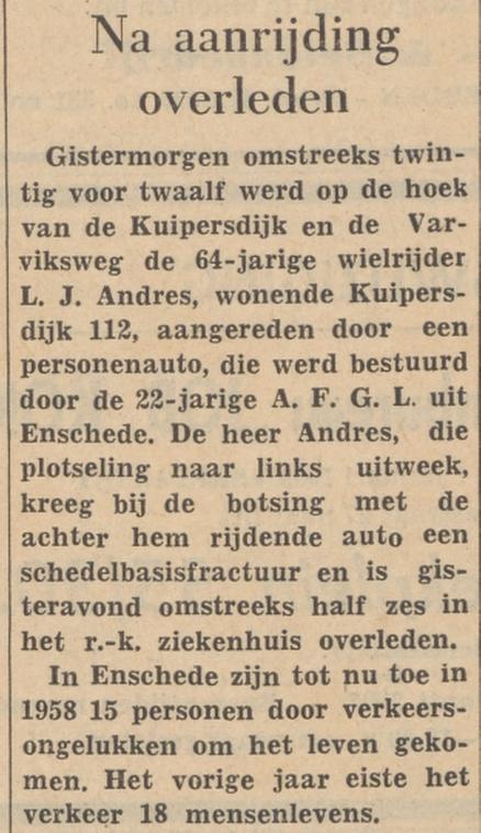 Kuipersdijk 112 L.J. Andres krantenbericht Tubantia 31-12-1958.jpg