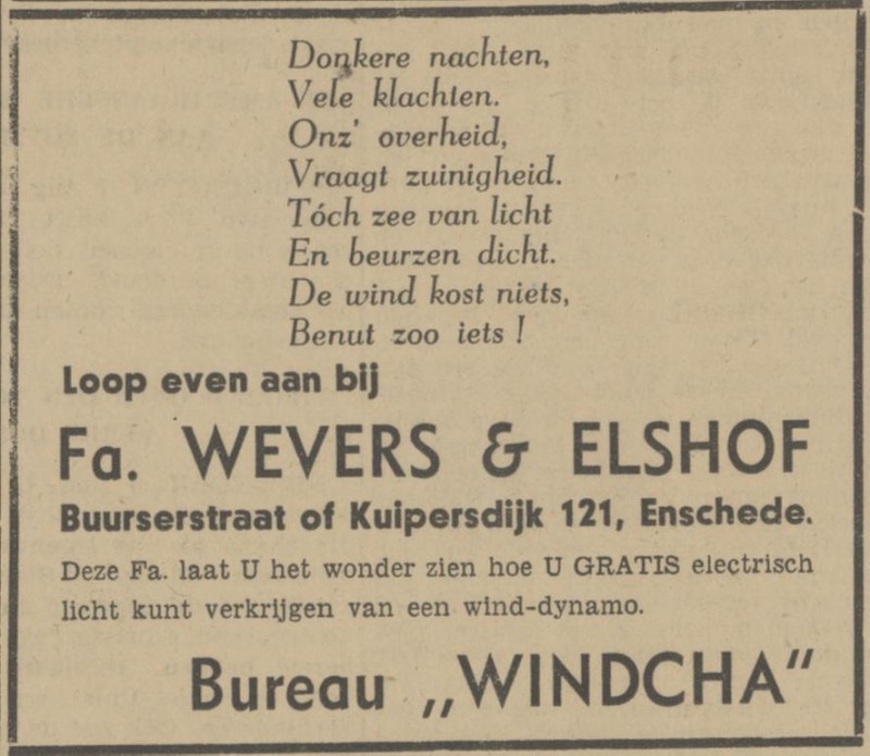 Kuipersdijk 121 Fa. Wevers & Elshof advertentie Tubantia 7-8-1941.jpg