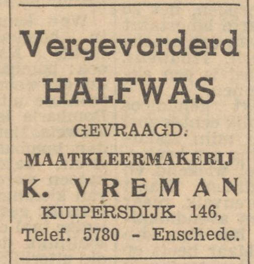 Kuipersdijk 146 kleermakerij K. Vreman advertentie Tubantia 20-2-1954.jpg