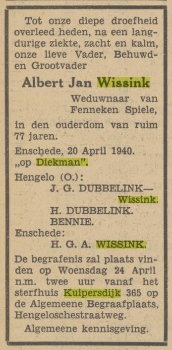 Kuipersdijk 365 Op Diekman A.J. Wissink overlijdensadvertentie Tubantia 22-4-1940.jpg