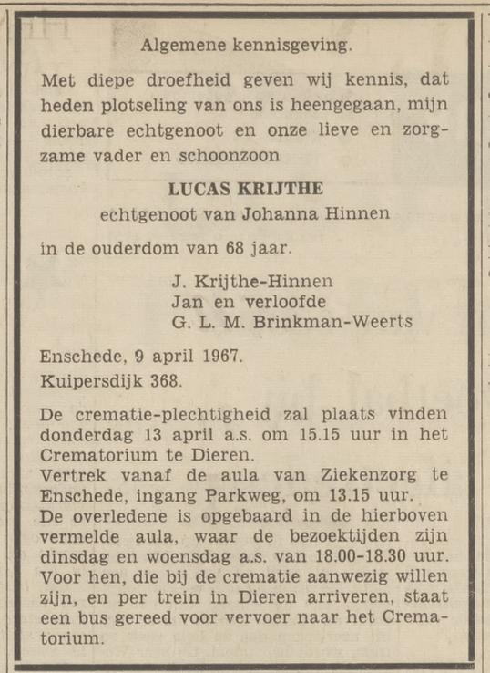 Kuiperdijk 368 Lucas Krijthe overlijdensadvertentie Tubantia 11-4-1967.jpg