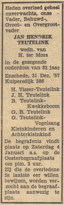 Kuipersdijk 386 J.H. Teutelink overlijdensadvertentie Tubantia 2-1-1958.jpg