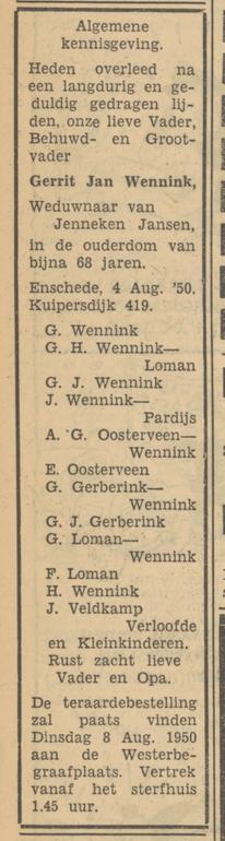 Kuipersdijk 419 G.J. Wennink overlijdensadvertentie Tubantia 5-8-1950.jpg