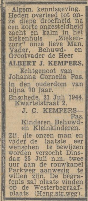 Kwartelstraat 2 A.J. Kempers overlijdensadvertentie Twentsch nieuwsblad 22-7-1944.jpg