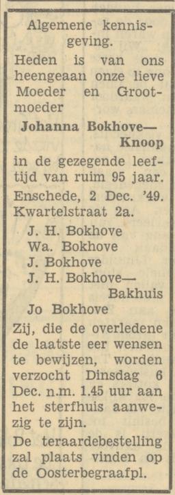 Kwartelstraat 2a Johanna Bokhove-Knoop overlijdensadvertentie Tubantia 3-12-1949.jpg