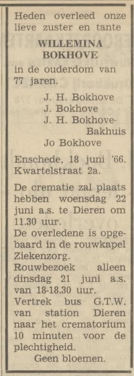 Kwartelstraat 2a Willemina Bokhove overlijdensadvertentie Tubantia 20-6-1966.jpg