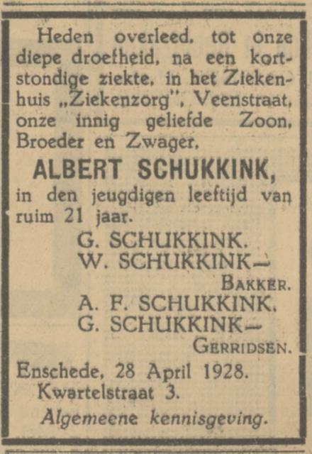 Kwartelstraat 3 A.schukkink overlijdensadvertentie Tubantia 28-4-1928.jpg