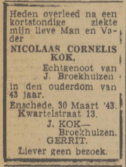 Kwartelstraat 13 N.C. Kok overlijdensadvertentie Twentsch nieuwsblad 31-3-1943.jpg