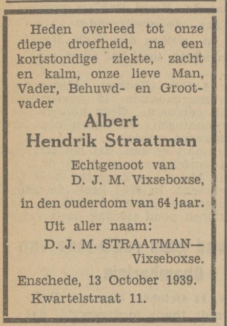 Kwartelstraat 11 A.H. Straatman overlijdensadvertentie Tubantia 14-10-1939.jpg