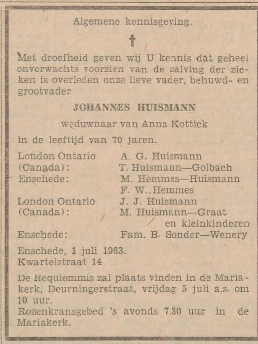Kwartelstraat 14 Johannes Huismann overlijdensadvertentie Tubantia 12-7-1963.jpg