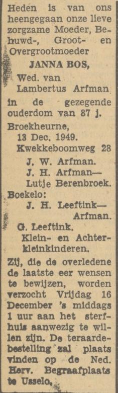 Kwekkeboomweg 28 Broekheurne Wed. J. Arfman-Bos overlijdensadvertentie Tubantia 14-12-1949.jpg