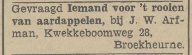 Kwekkeboomweg 28 Broekheurne J.W. Arfman advertentie Tubantia 2-9-1942.jpg