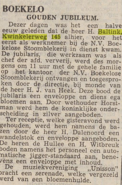 Kwinkelerweg 145 Boekelo H. Baltink krantenbericht Twentsche courant 1-4-1953.jpg