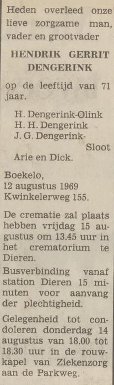 Kwinkelerweg 155 Boekelo H.G. Dengerink overlijdensadvertentie Tubantia 13-8-1969.jpg