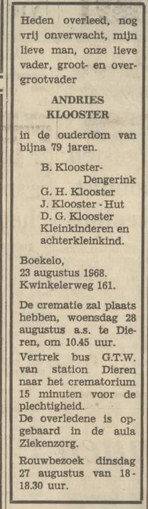 Kwinkelerweg 161 Andries Klooster overlijdensadvertentie Tubantia 26-8-1966.jpg