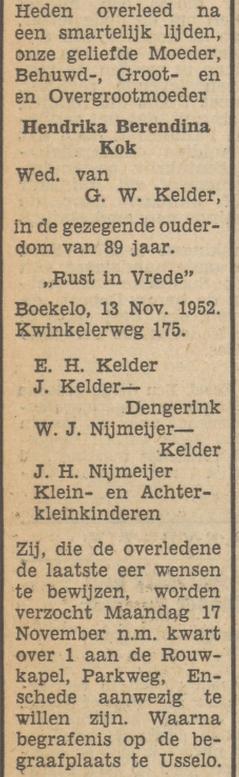 Kwinkelerweg 175 Boekelo Wed. H.B. Kelder-Kok overlijdensadvertentie Tubantia 14-11-1952.jpg