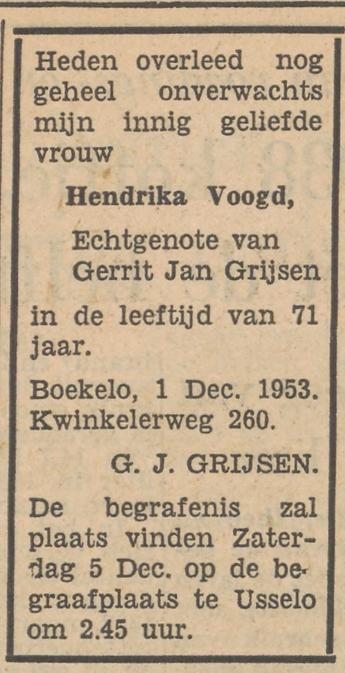 Kwinkelerweg 260 Boekelo H.Voogd-Grijsen overlijdensadvertentie Tubantia 3-12-1953.jpg