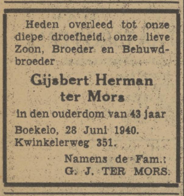 Kwinkelerweg 351 Boekelo G.H. ter Mors overlijdensadvertentie Tubantia 29-6-1940.jpg