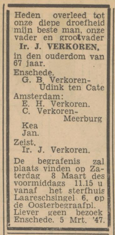 Laaressingel 6 Ir. J. Verkoren overlijdensadvertentie Tubantia 6-3-1947.jpg