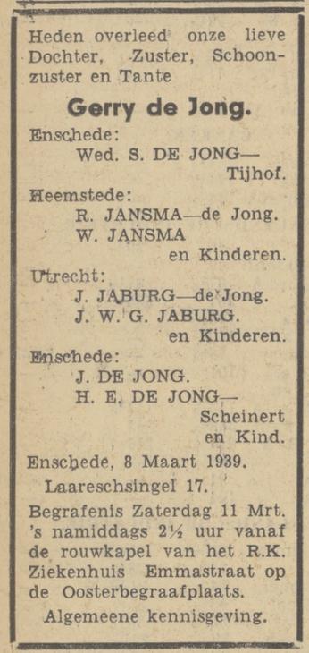 Laaressingel 17 Gerry de Jong overlijdensadvertentie Tubantia 8-3-1939.jpg