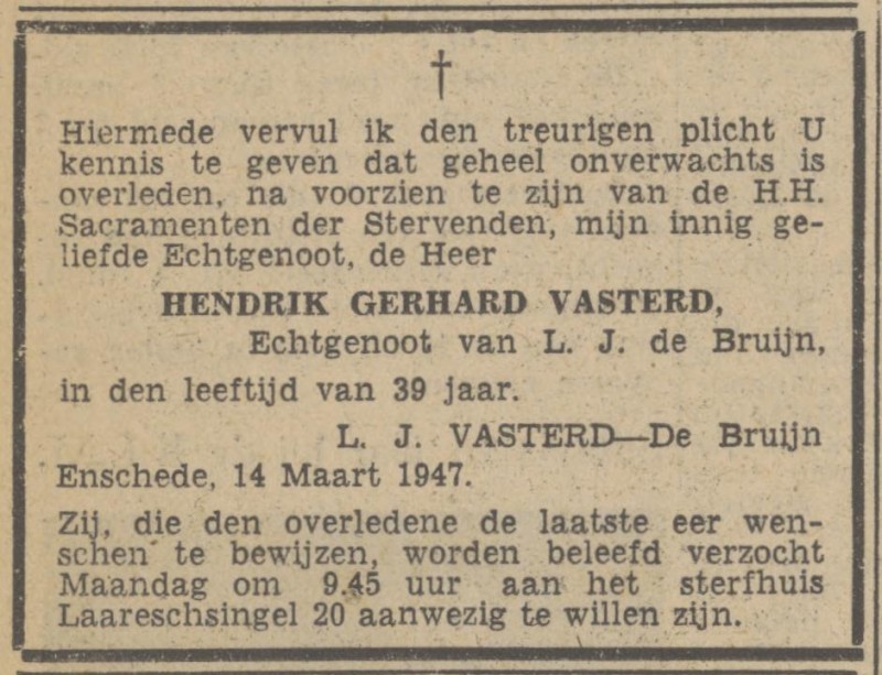 Laaressingel 20 H.G. Vasterd overlijdensadvertentie Tubantia 15-3-1947.jpg