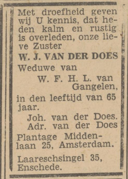 Laaressingel 35 W.J. van der Does overlijdensadvertentie Tubantia 2-1-1947.jpg