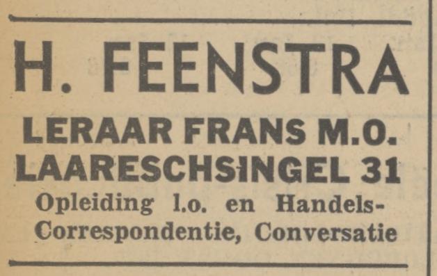 Laaressingel 31 H. Feenstra leraar Frans M.O. advertentie Tubantia 15-1-1938.jpg