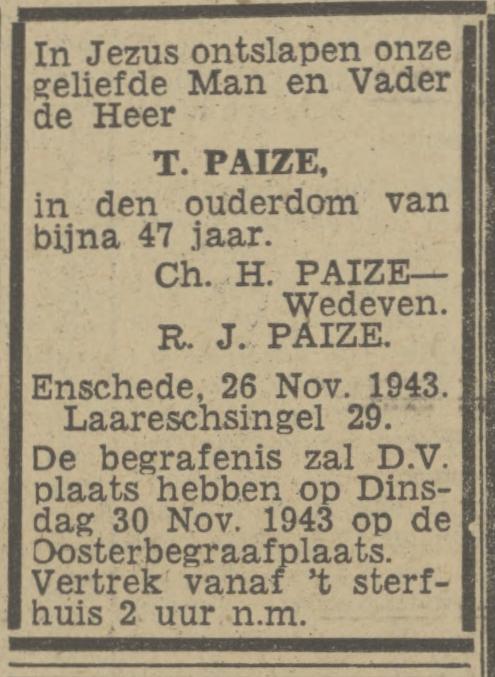 Laaressingel 29 T. Paize overlijdensadvertentie Twentsch nieuwsblad 29-11-1943.jpg