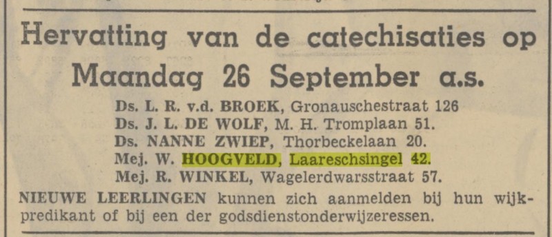 Laaressingel 42 Mej. W. Hoogveld godsdienstonderwijzeres advertentie Tubantia 23-9-1938.jpg