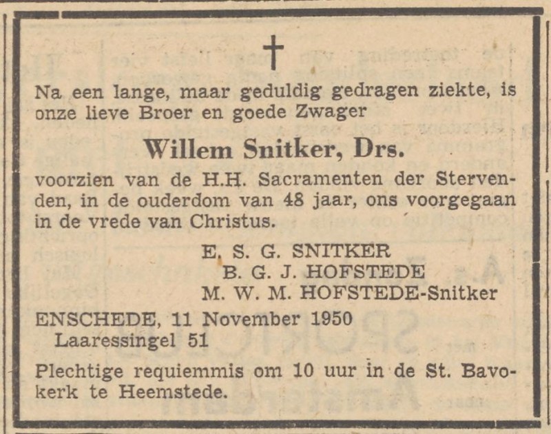 Laaressingel 51 W.Snitker overlijdensadvertentie Tubantia 13-11-1950.jpg