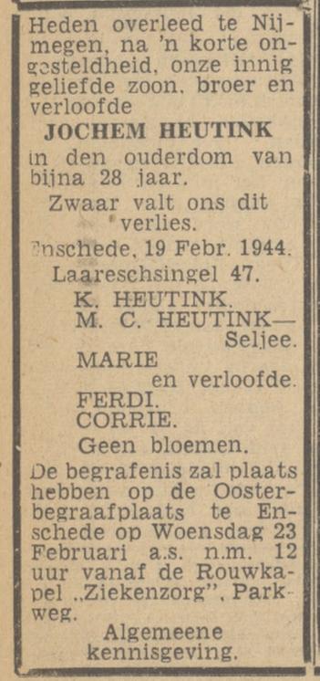 Laaressingel 47 J.Heutink overlijdensadvertentie Twentsch nieuwsblad 21-2-1944.jpg