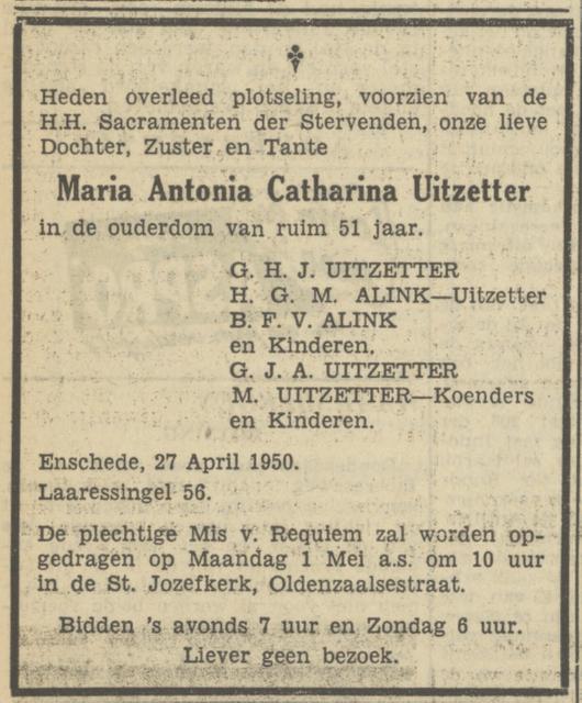 Laaressingel 56 M.A.C.Uitzetter overlijdensadvertentie Tubantia 28-4-1950.jpg