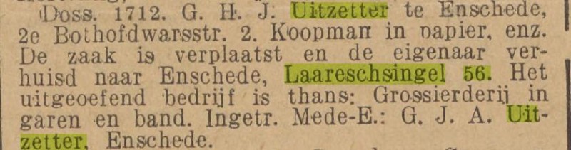 Laaressingel 56 G.H.J.Uitzetter grosierderij in garen en band krantenbericht Twentsche courant 19-1-1929.jpg