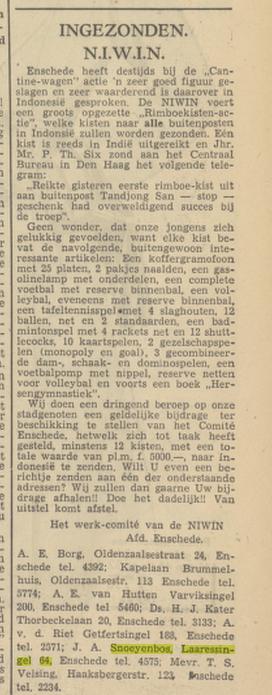 Laaressingel 64 J.A. Snoeyenbos krantenbericht Tubantia 18-6-1949.jpg