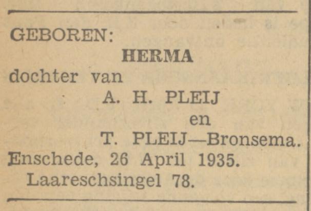 Laaressingel 78 A.H. Pleij advertentie Tubantia 26-4-1935.jpg