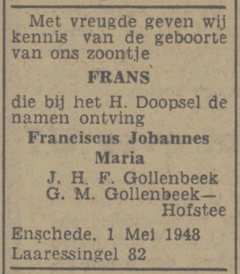 Laaressingel 82 J.H.F. Gollenbeek advertentie Tubantia 3-5-1948.jpg