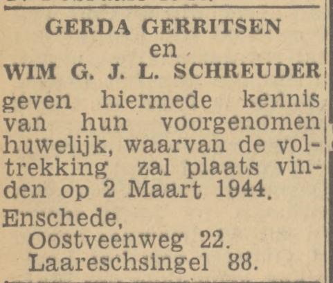 Laaressingel 88 W.G.J.L.Schreuder advertebtie Twentsch nieuwsblad 17-2-1944.jpg