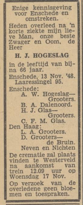 Laaressingel 95 H.J. Hogeslag overlijdensadvertentie Tubantia 15-11-1948.jpg