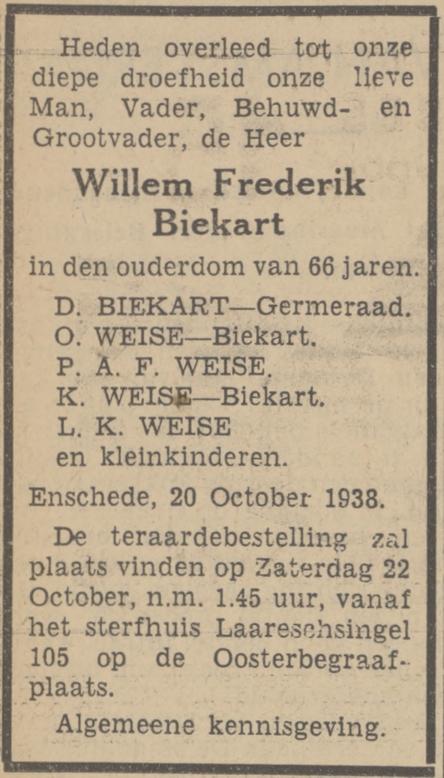 Laaressingel 105 W.F.Biekart overlijdensadvertentie Tubantia 21-10-1938.jpg
