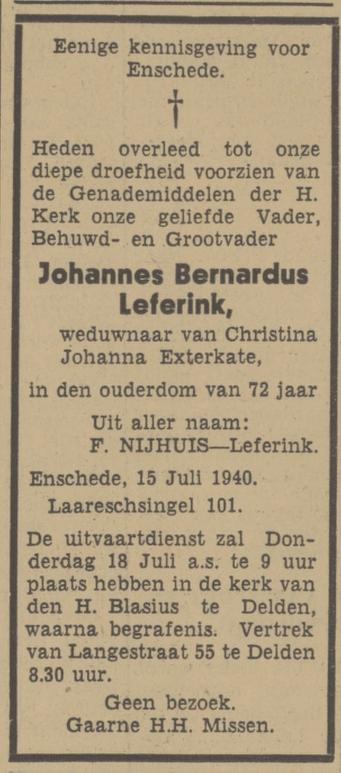 Laaressingel 101 J.B.Leferink overlijdensaadvertentie Tubantia 15-7-1940.jpg