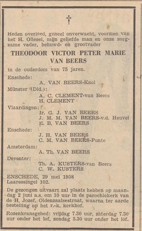 Laaressingel 102 Th.V.P.M. van Beers overlijdensadvertentie Twentsche courant 30-6-1958.jpg