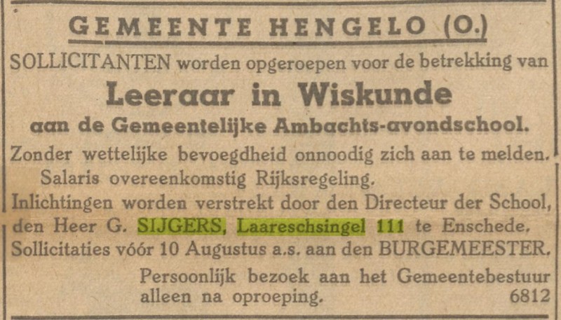 Laaresstraat  111 G.Sijgers directeur ambacbhtsschool advertentie Tubantia 2-8-1933.jpg