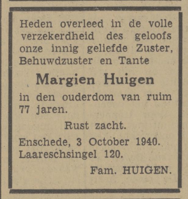 Laaressingel 120 Margien Huigen overlijdensadvertentie Tubantia 3-10-1940.jpg